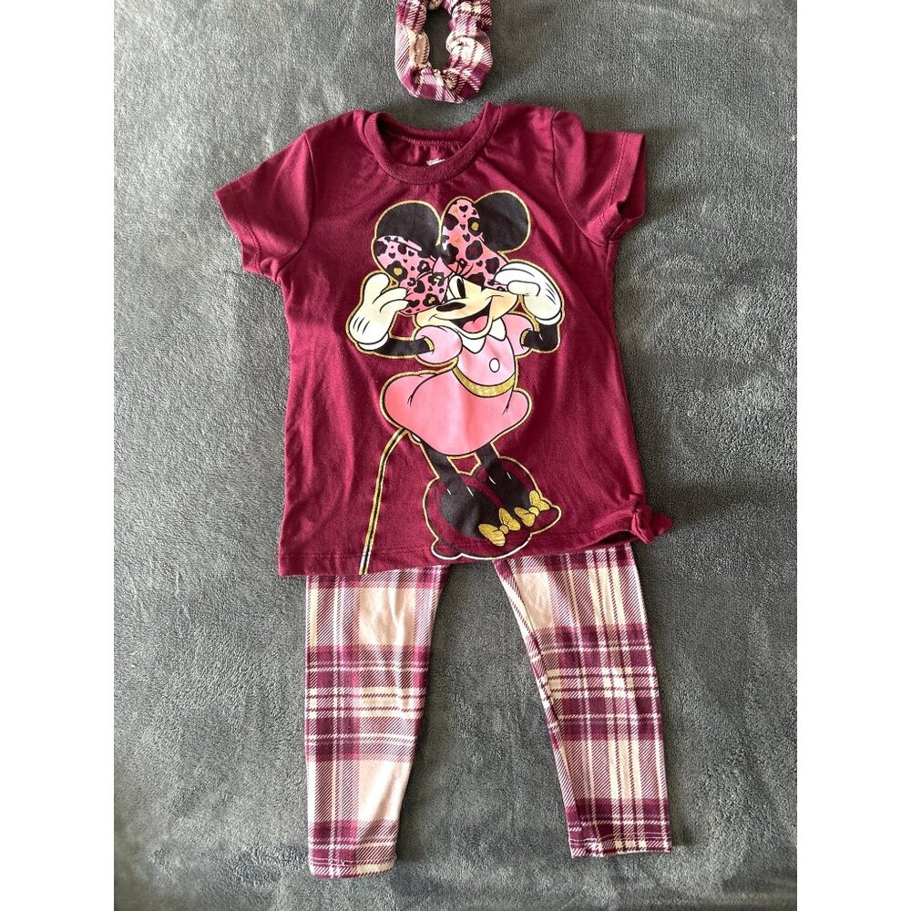 Disney Minnie Mouse Burgundy T-Shirt & Plaid Leggings Set For Girls Size 4